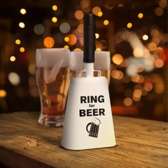 Father's Day 'Ring for Beer' Cowbell with Sentiment: Hammer + Axe Funny Noisemaker Beer Gift, White, All Ages image {2}
