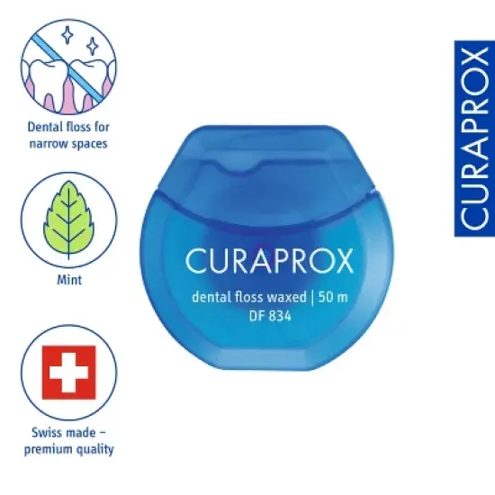 Curaprox DF 834 Dental Floss, Waxed Mint Flavour, 50m for Tight Interdental Spaces image {1}
