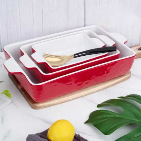 Baking Dish Set of 3, Ceramic Bakeware Set with Handles, Porcelain Baking Pan for Oven & Microwave, Rectangular Casserole Dish for Cooking, Kitchen image {6}