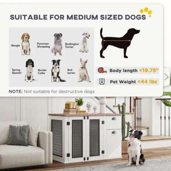PawHut Furniture Dog Crate, 44" Dog Kennel Furniture End Table with Double Door, Storage & Drawer, Dog Crate Furniture for Medium Dogs, White image {4}