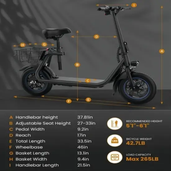 Mastgoal 450W Electric Scooter with Seat for Adults, 12 inch Commuter Electric Scooter with Basket, 280Wh Battery & 21 Mileage image {7}