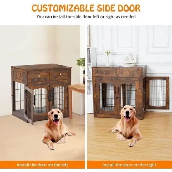 Wooden Dog Crate End Table with 3 Doors, 2 Drawers & Cushion | Furniture-Style Kennel for Small Large Breeds image {5}