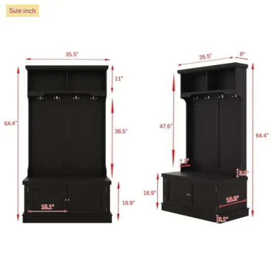 GustoWave 64.4''H Hall Tree Entryway Organizer with Storage Shoe Bench, Multi-Functional Coat Racks with 4 Hooks for Living Room, Black image {1}