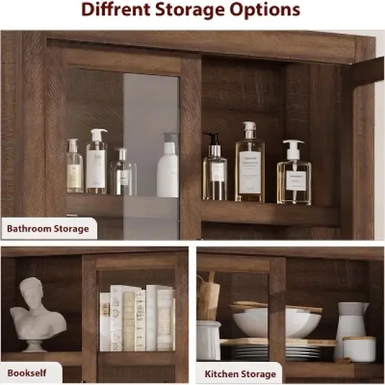 Tall Kitchen Pantry, Pantry Storage Cabinet with 2 Glass Doors & Adjustable Shelves, Farmhouse Freestanding Pantry Cupboard image {7}