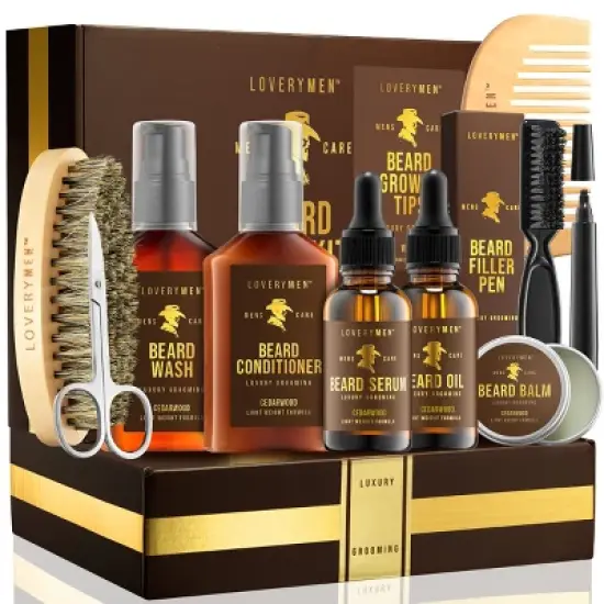 LOVERYMEN 9-Piece Ultimate Beard Care Kit: Beard Oil, Balm, Serum, Wash, Conditioner, Shears, Comb, Brush, & Beard Pen in Elegant Gift Box image {5}