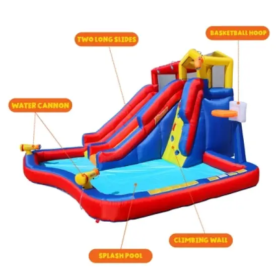 Banzai Twin Falls Kids Giant Outdoor Inflatable Dual Water Slide Splash Park with Climbing Wall, Water Cannons, and Basketball Hoop image {4}