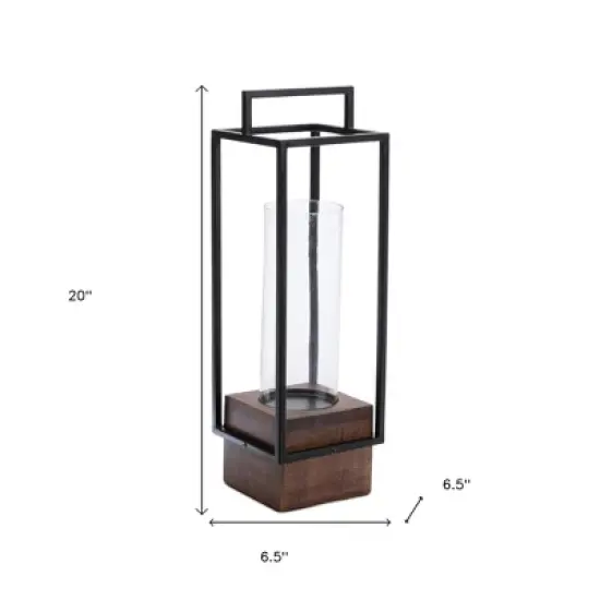 HomeRoots 20" Black And Brown Metal And Solid Wood Tabletop Lantern Candle Holder image {2}