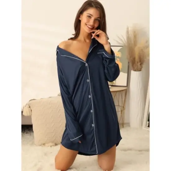 cheibear Womens Satin Button Down Long Sleeve Silky Boyfriend Nightshirt image {1}