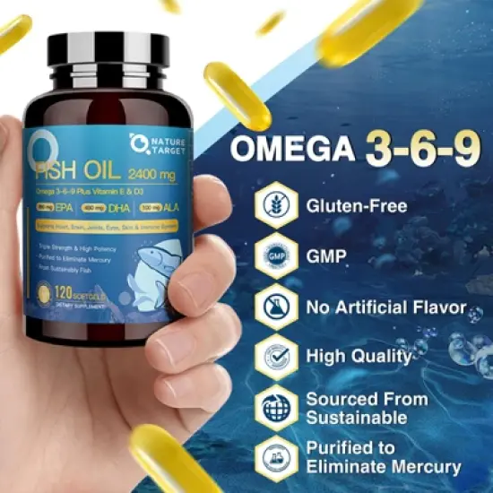 NATURE TARGET Fish Oil 2000mg Omega 3 with Vitamin D3 & E & A - EPA & DHA - 120 Softgels image {1}