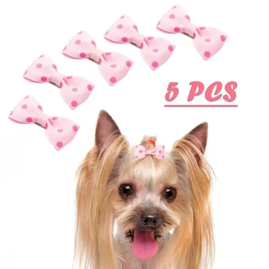 Unique Bargains Cute Dogs Cats Puppies Bows Pink Dog Hair Bows with Dots Pattern Grooming Barrette Clip Accessories 5 Pcs image {5}