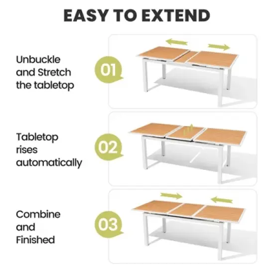 Crestlive Products Outdoor Dining Table, 63"-83" Patio Extendable Dining Table with Wooden-Like Top and White Aluminum Frame image {4}