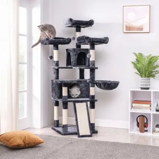 FEANDREA 66.5" Cat Tree Large Cat Tower Cat Condo with Scratching Posts Board 2 Caves 3 Plush Perches image {11}