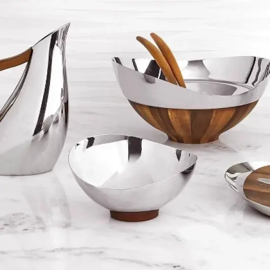 Nambe Pulse Nut Bowl, Stainless Steel and Acacia Wood, Snack Serving Bowl image {1}