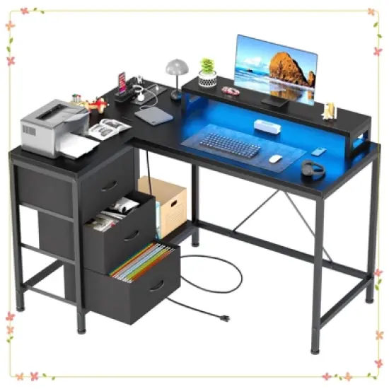 L-Shaped Computer Desk with 4 Power Outlets, 2 USB Ports, 7-Color LED Lights image {7}