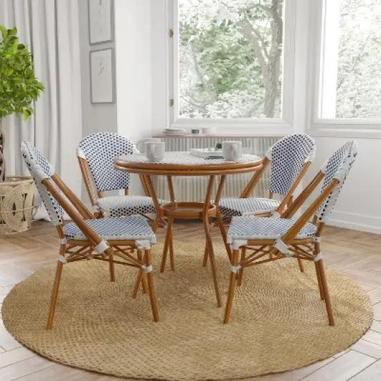 Merrick Lane Mael Bistro Style Table with Glass Top, Textilene, 4 Stack Chairs, and Bamboo Finished Metal Frame for Indoor/Outdoor Use image {1}