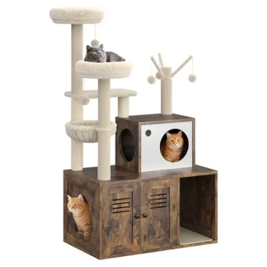 Litter Box Enclosure with Cat Tree Tower & Condo - Hidden Pet Washroom with Sisal Scratching Post, Hammocks, Condo, Multi Platform, Soft Plush Perch image {8}