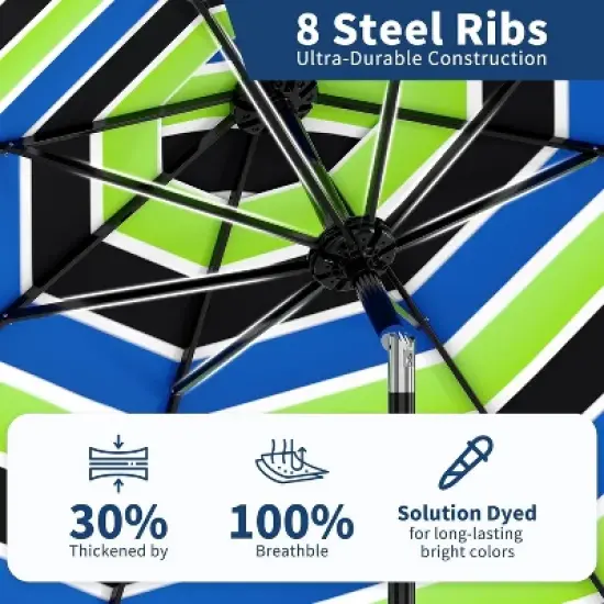 9ft Patio Umbrella, Outdoor Table, UV, Fade, Water Resistant, Crank Lift, Tilt, 8 Ribs, Metal Frame, Tricolor Stripe image {3}