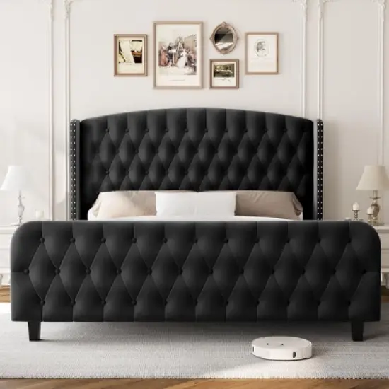 Bed Frame with Deep Button Tufted Wingback Headboard and Footboard, Velvet Upholstered Platform Frame, No Box Spring, Easy Assembly image {2}