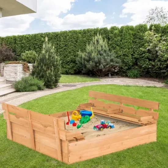 Costway Kids Large Wooden Sandbox w/Cover 2 Convertible Bench Seats for Outdoor Play image {1}
