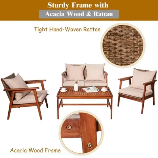 Costway 4PCS Patio Rattan Furniture Set Acacia Wood Frame Cushioned Sofa Chair Garden image {6}