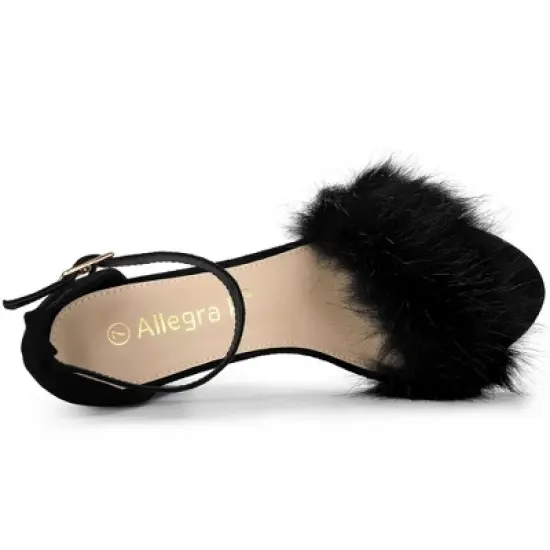 Allegra K Women's Faux Fur Ankle Strap Block Heels Sandals image {4}