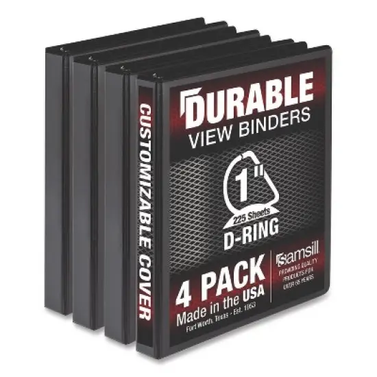 Samsill Durable D-Ring View Binders, 3 Rings, 1" Capacity, 11.5" x 8.5", Black, 4/Pack image {1}