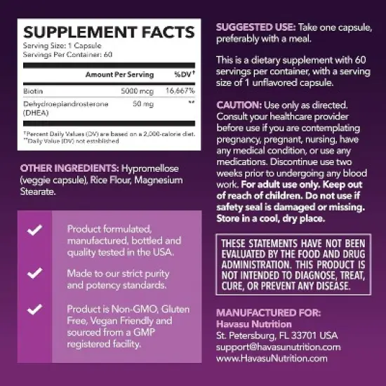 DHEA Supplement for Women with Biotin 5000mcg, DHEA 50mg and Biotin Capsules for Hormone Balance and Hair, Skin, Nail Support, Havasu Nutrition, 60ct image {2}