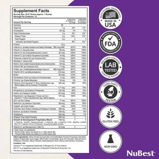 NuBest Tall Protein - Height Growth & Bone Strength Chocolate Shake with Probiotics for Kids & Teens, Ages 3+, 15 Servings image {2}