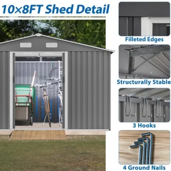 LOVSON 10X8 FT Outdoor Storage Shed, Metal Foundation & Lockable Doors, Tool Shed for Garden, Patio, Backyard, Lawn, Grey image {4}