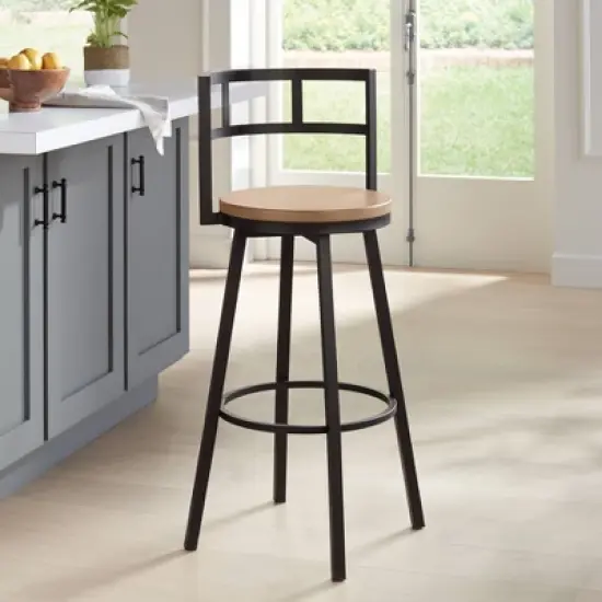 Elm Lane Matte Black Bar Stool 25 1/4" High Industrial Gray Wood with Backrest Footrest Kitchen Counter Height Island Home Shed image {1}