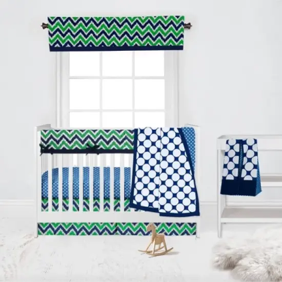 Bacati - Mix n Match Chevron/Dots Long Crib Rail Guard Cover Navy/Green image {3}