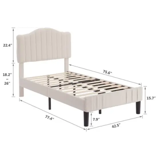 VECELO Bed Frame, Upholstered Platform Bed with Soft Teddy Fabric Adjustable Headboard, Beige/Gray image {1}