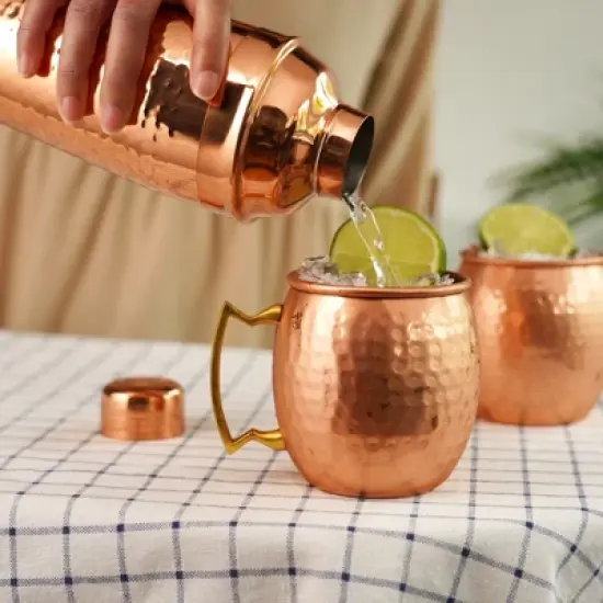 Twine Hammered Moscow Mule Mug Cocktail Set with Shaker for Mixed Drinks, Stainless Steel Kitchen Set, Barware, Set of 3, Copper image {4}