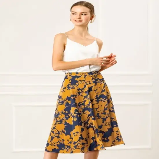 Allegra K Women's High Elastic Waist Belted Slit A-Line Midi Floral Print Skirt image {2}