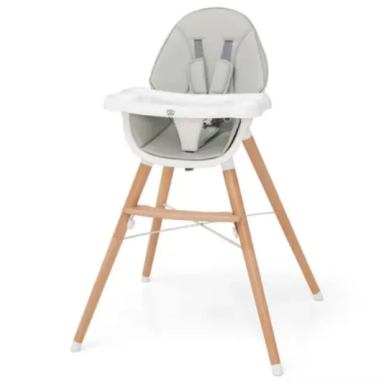 Babyjoy Baby High Chair Wooden Feeding Chair with 4-Gear Tray & Removable Cushion Beige/Grey image {9}