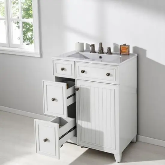 Mshliw 24" Bathroom Vanity with Ceramic Sink, 2 Drawers, Soft-Close Door, Freestanding Cabinet for Small Spaces, MDF and Wood image {8}