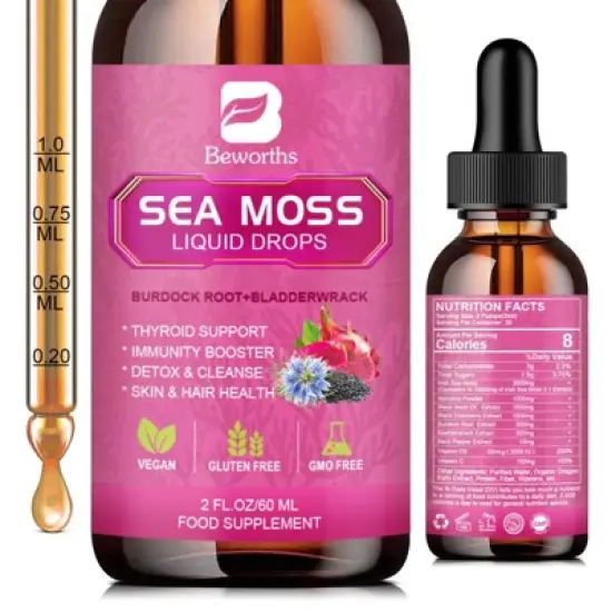 B Beworth 3000mg Sea Moss Liquid Drops - Immunity Booster, Digestive Health - 60ml (Dragon Fruit Flavor) image {8}