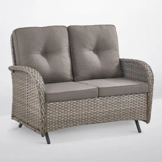 POCASSY 49.5" Wide Outdoor Glider Loveseat, All Weather Brown Wicker Rattan Patio Loveseat Glider for Porch Deck Garden image {13}