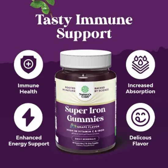 Super Iron Gummy, Chewable Iron Supplement for Women and Men with Vitamin C for Higher Absorption, Grape Flavor, Nature's Craft, 30ct image {3}