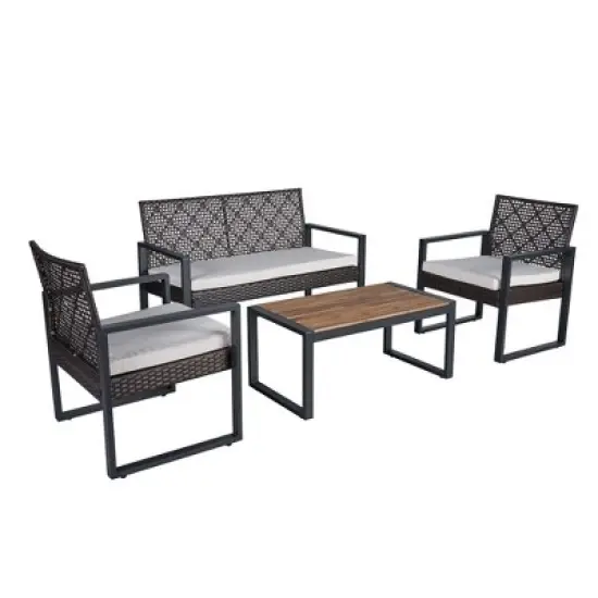 Aukfa Modern Weave 4-Piece Outdoor Patio Conversation Set with Cushions and Wood-Top Coffee Table - Noir Garden Sofa & Chair Set image {14}