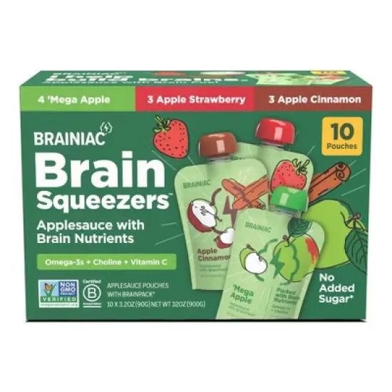 Brainiac Kids Brain Squeezers Applesauce Pouches with Omega-3s Variety Pack Apple, Strawberry and Cinnamon - 3.2oz/10ct image {11}