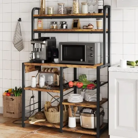 Industrial Kitchen Bakers Rack with Power Outlet,6-Tier Space-Saving Microwave Stand image {9}
