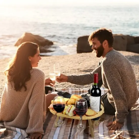 Tirrinia Folding Picnic Table, Portable Natural Bamboo Table, 4 Wine Glasses Holder, 1 wine holder, Snack Tray Table for Outdoor Picnic image {2}