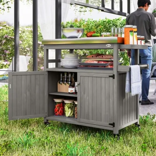 Outsunny Outdoor Grill Cart w/ Wheels and Storage Cabinets, Solid Wood Outdoor Kitchen Island w/ Stainless Steel Top, Integrated Hole image {1}