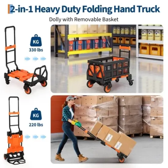 Folding Hand Truck, 2-in-1 Convertible Dolly Cart with Storage Basket, 330LB Capacity, 4 Wheels, Retractable Handle for Moving, Green image {3}