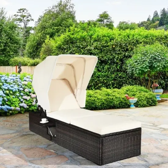 Costway Patio Rattan Lounge Chair Chaise Cushioned Top Canopy Adjustable White image {1}