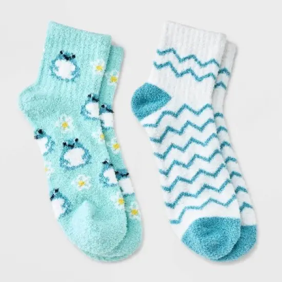 Women's Frogs 2pk Cozy Quarter Crew Socks - Aqua/Ivory 4-10: Midweight Velour Ribbed, Animal Pattern, Machine Washable image {3}