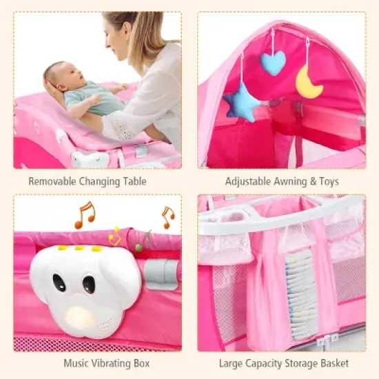 Infans 4-in-1 Portable Baby Playard w/Changing Table, Diaper Storage Bag, Music Box, Wheels with Brake, Foldable Newborn Play Yard w/Carry Bag, Pink image {4}