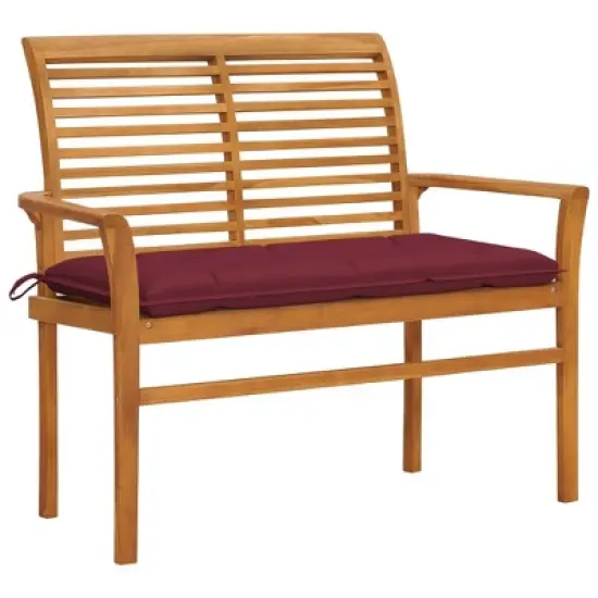 vidaXL Patio Bench with Wine Red Cushion 44.1" Solid Teak Wood image {1}