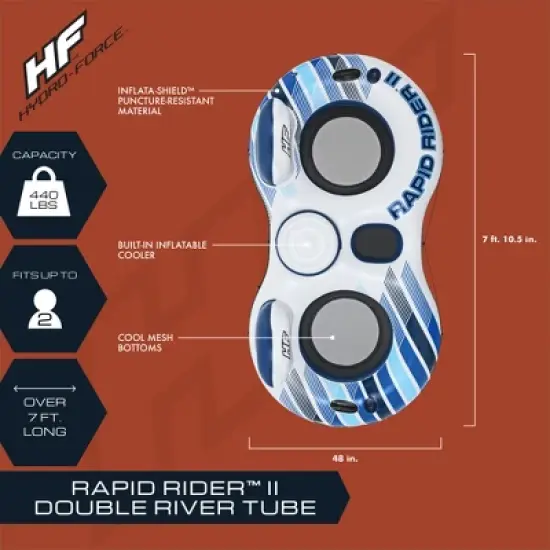 Bestway Hydro-Force Rapid Rider Inflatable Double Water River Tube Float for 2 People with Built-In Backrest, Handles, and Cupholders, Blue image {2}